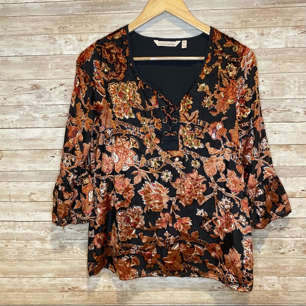 Soft Surroundings Crushed Velvet Floral Blouse Top